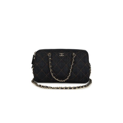 CHANEL MINI TIMELESS CLASSIC BARREL BAG WITH CHAIN DARK BLUE DENIM LIGHT GOLD HARDWARE AP4474 (19*13*10cm)